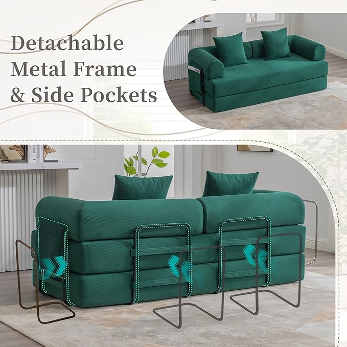 Convertible Sleeper Sofa Bed 78.5 Folding Floor Sofa Mattress Couch with Pillows Corduroy Futon Boneless Couch Lounge Loveseat with Pull Out Bed Emerald Green