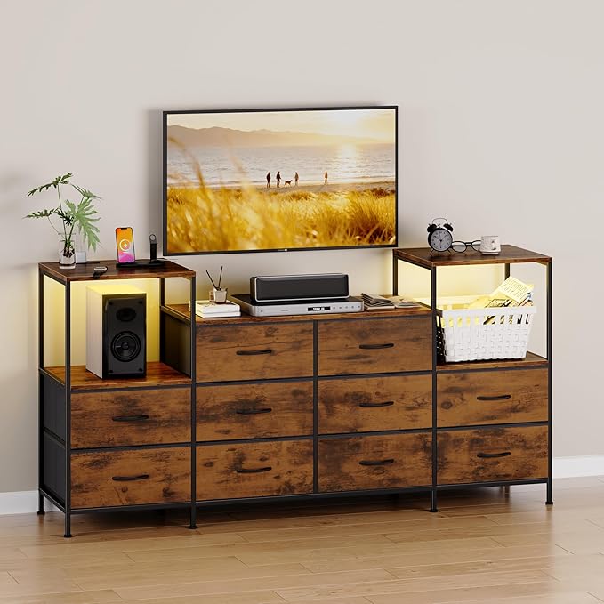TV Stand for 50 inch TV with Charging Stantion &amp LED Light Entertainment Center with 10 Fabric Drawers Media Console Table with Open Storage Shelves for Living Room