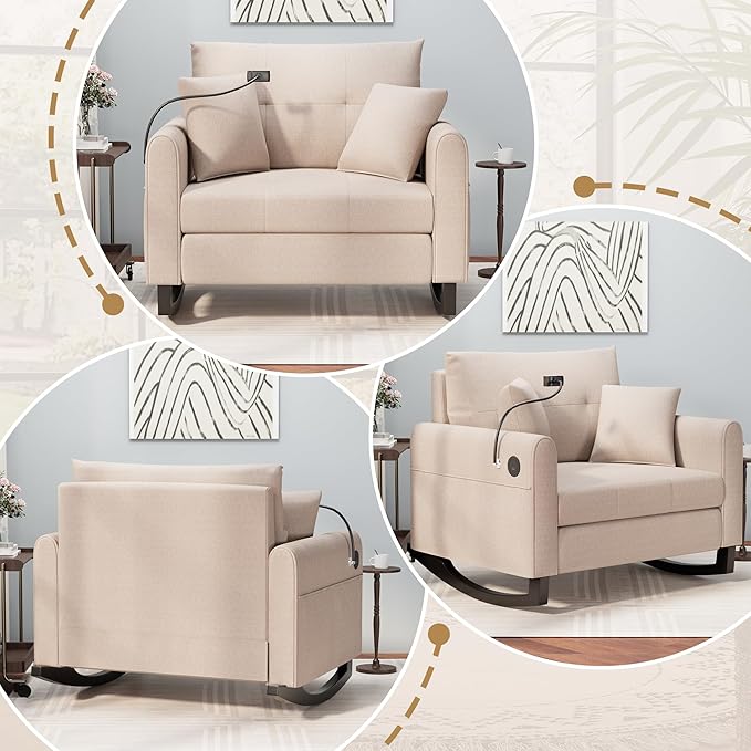 HOMREST Modern Accent Rocking Chair with Phone Holder Oversized Lounge Chair with High Back Side Pockets &amp USB Port Plush Wide Recliner for Living Room Bedroom Home Office Beige