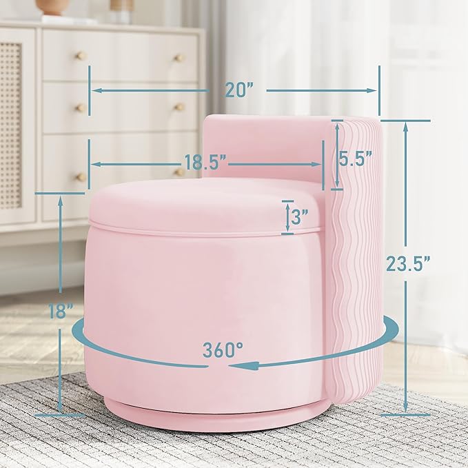 360° Swivel Accent Chair with Storage Vanity Stool with Back Velvet Storage Ottoman Upholstered Round Barrel Vanity Chair for Living Room Makeup Room Bedroom (Pink)
