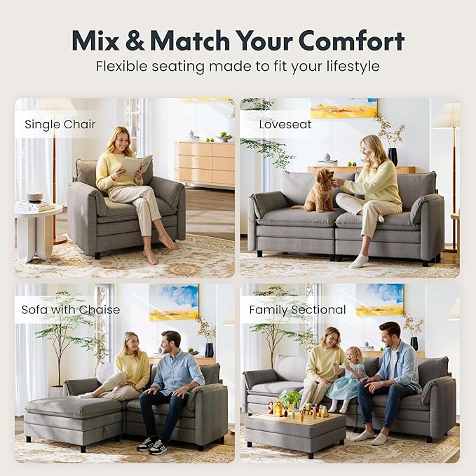 FLEXISPOT SF6 Cloud Sectional Couch for Living Room with Reversible Ottoman 100.4 L-Shaped Modular Sectional Sofa with Storage 3-Seater Comfy Sofa Couch for Apartment Chenille Gray