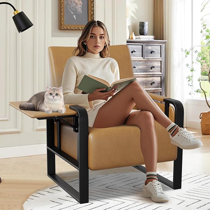 Andeworld Modern Accent Chair Mid Century Living Room Armchair Upholstered PU Sofa Side Chair with Side Table for ReadingWorkingOfficeApartmentBrown