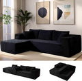 110” No Assembly Compression Boneless in a Box Cloud Sectional Couches for Living Room L-Shape Couch Compressed Sofa Modern Modular Plush Corduroy Reclining Comfy Fluffy Memory Foam Furniture Black