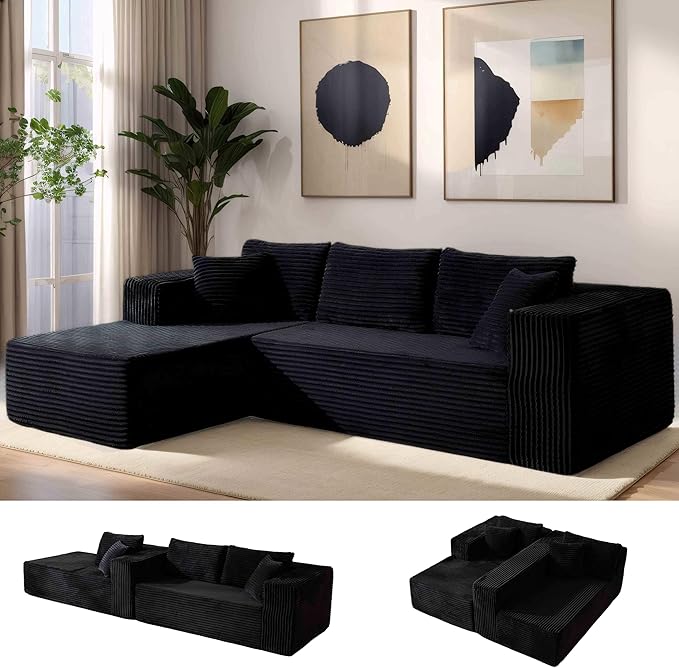 110” No Assembly Compression Boneless in a Box Cloud Sectional Couches for Living Room L-Shape Couch Compressed Sofa Modern Modular Plush Corduroy Reclining Comfy Fluffy Memory Foam Furniture Black