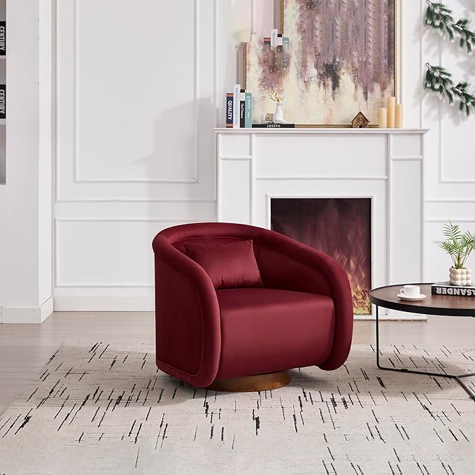 Pumpkin-Shaped Swivel Accent Chair with 360° RotationTeddy Upholstered Barrel Armchair with Solid Wood Base for Bedroom Living Room (Wine Red)