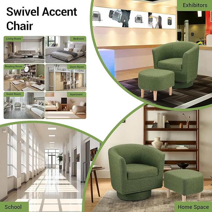 DAZONE Accent Chairs Set of 2 Green Barrel Chair with Ottoman Comfy Armchair for Small Spaces 360° Modern Fabric Lounge Chair for Living Room Bedroom Reading Nook Home Office