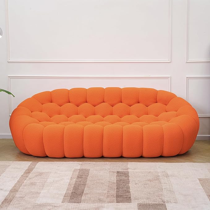 JACH Bubble Curved Couch 98.43'' Comfy Upholstered Sofa Mesh Fabric Floor Sofa 3D Honeycomb Shape Modern Couch for Living Room Office Apartment Small Space (3 Seater Orange)