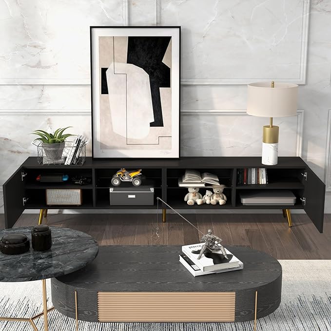 Bonzy Home 86 TV Stand Modern Entertainment Center for 75 TV Television Console Table with Storage Cabinets for Living Room Black