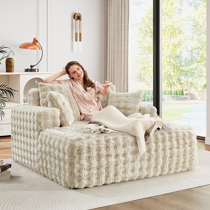 56 W Oversized Chaise Lounge Chair IndoorPlush Faux Fur Sleeper Couch Sofa Bed with PillowsFluffy Comfy Cloud SofaCompression Foam Boneless Couch for Living RoomBedroom(Bubble Beige)