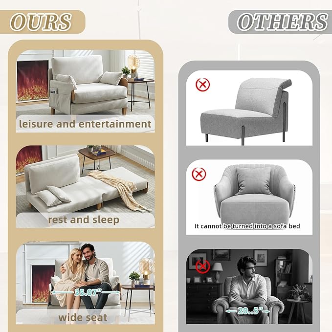TTK 3-in-1 Foldable Sofa Bed Recliner Sleeper Mid-Century Modern Convertible Sofa Chair with 3 Pillows Space-Saving Design for Small Spaces Bedroom Study &amp Guest Room Beige