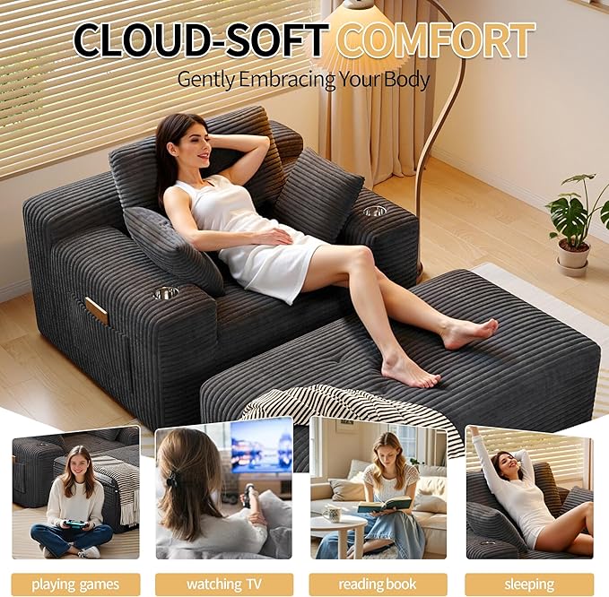 MoonSpeak 67 Boneless Reading Chair with Lounges Chaise Indoor Corduroy Cloud Couch with 1 Ottoman Upholstered Sleeper Sofa Bed with Wide Armrest and 3 Pillows for Living RoomReading Room (Gray)