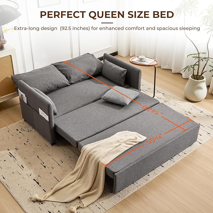 Furnimart 62 Queen Sleeper Sofa 3 in 1 Convertible Loveseat Sleeper Pull Out Sofa Bed with 6-Position Adjustable Backrest Modern Futon Couch for Living Room Apartment RV Linen Dark Grey
