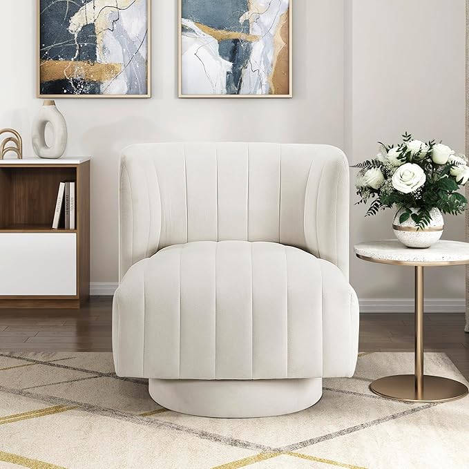 Lexicon Swivel Accent Chair Textured Fabric Upholstered 360 Degree Swivel Barrel Chair with Channel Tufted Comfort Seat for Living Room Bedroom Office Easy Assembly Beige
