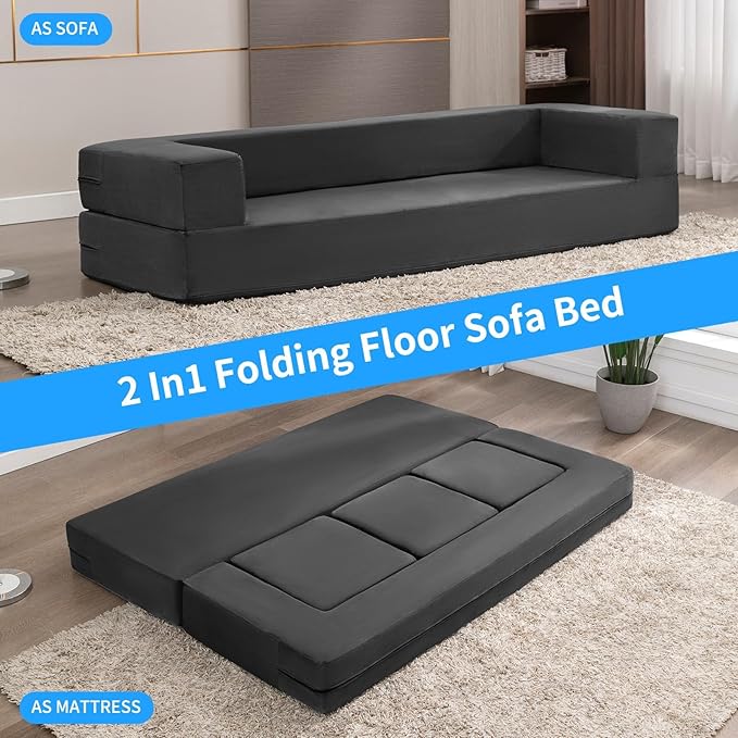 PUREMIND 10 Inch Folding Sofa Bed Velvet Convertible Floor Sleeper Sofa with 3 Ottomans Upholstered 2-in-1 Fold Out Couch Bed Queen Size Guest Bed Foldable Mattress for Living Room Office