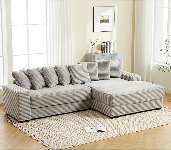 L-Shaped Cloud Sectional Couch Right Facing Modular Compressed Boneless Sectional Sofa with Chaise Lounge Plush Corduroy Boneless Corner Sofa for Living Room