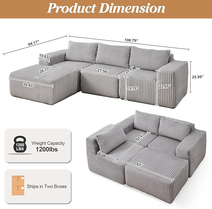 101 Cloud Couch Boneless Modular Sofa Compression Memory Foam Sectional Couches Comfy Corduroy L Shaped Sofas with Chaise Lounge for Living Room No Assembly Required (Light Gray 101in)