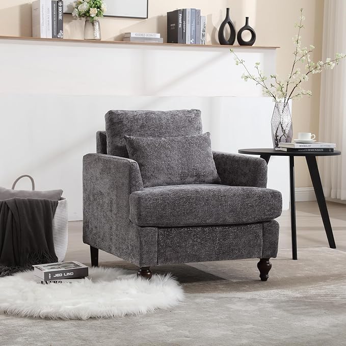 Mid Century Modern Accent Chair with 2 Pillows Chenille Upholstered Armchair with Solid Wood Legs and Thick Cushion Tufted Club Chair Comfy Reading Chair Lounge Chair for Living Room Bedroom Grey