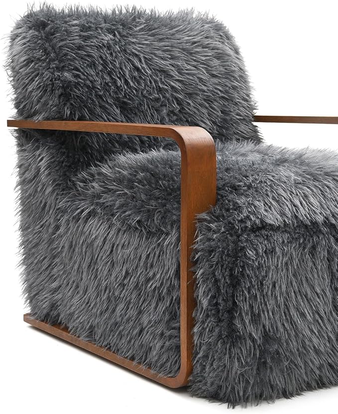 Comfortable Faux Fur Reading ChairModern Luxury Accent Chair Side Chairs with Curved Wooden Armrests for ApartmentLiving RoomOfficeStudyCharcoal Grey