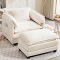 KEIKI Boucle Accent Chair with Storage &amp Ottoman Oversized Reading Arm Chair w/Double Cushion Modern Side Deep Seating Chairs Set Corner Comfy Lounge Armchair for Living Room Bedroom White