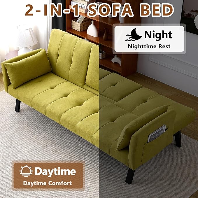 72 Cotton Linen Futon Couch Living Room Couch Bed Convertible Sleeper Sofa Bed with Cup Holder for Bedroom Guest Bed 2 Seater Reclining Sofas Couches with Nailhead Trim for Small Space (Green)