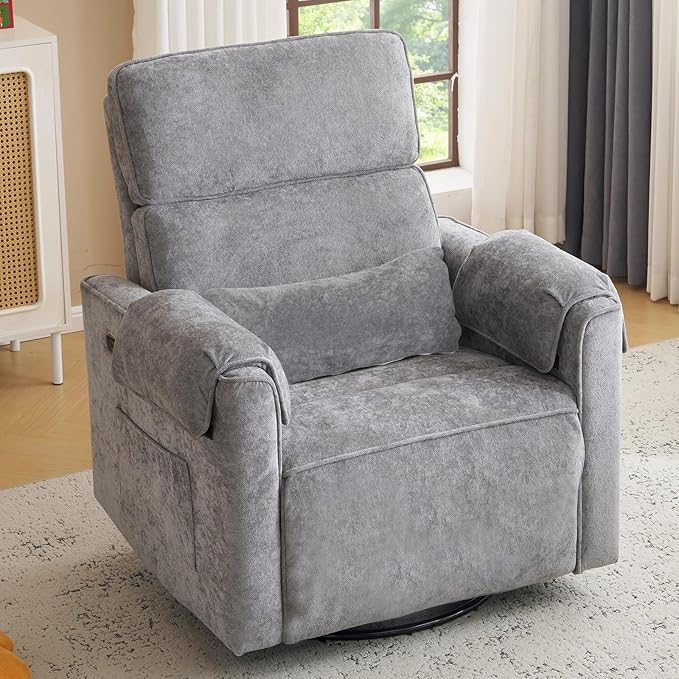 Oversized Power Recliner Chair with Adjustable Headrest Swivel Rocking Recliner Chair for Adults 26 Extra Wide Glider Nursery Chair with Overstuffed Armrest for Living Room USB Ports Grey