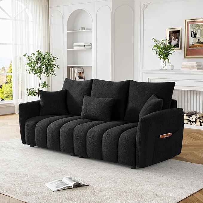 OUYESSIR Boucle Sofa Cloud Couch 80.2 Modern Comfy Teddy Sofa Deep Seat Futon Couch with Pillows Soft Upholstered 3 Seater Sofa Oversized Loveseat Sofas for Living Room Apartment Black