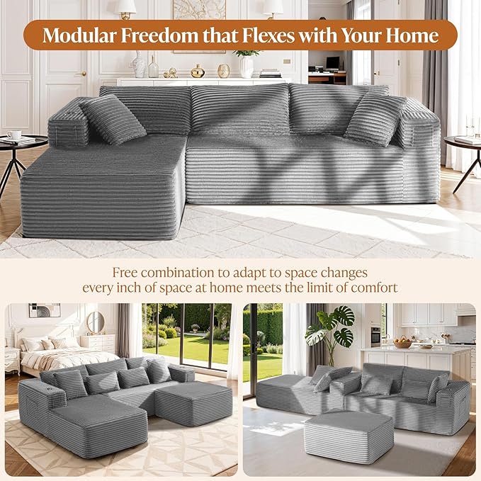 108 Cloud Modular Sectional Couch Modern Boneless Couches with Deep Seat L Shaped Sofa for Living Room No Assembly Required Corduroy (Light Grey 2 Seater+Right Facing Chaise)