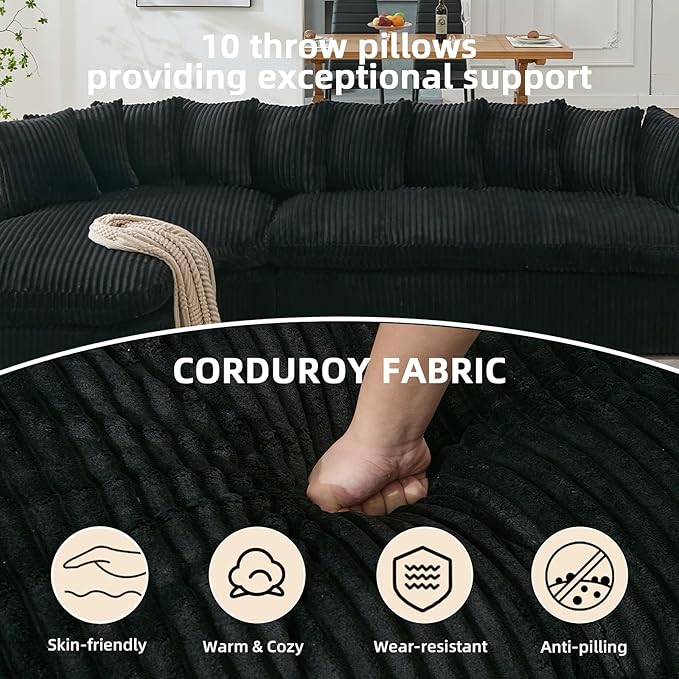 129 Oversized L-Shaped Sectional Couch Corduroy Upholstery Boneless Couch with 10 Pillows Modern Cloud Sofa Black Couches for Living Room Soft Deep Seat Sponge Sofa No Assembly