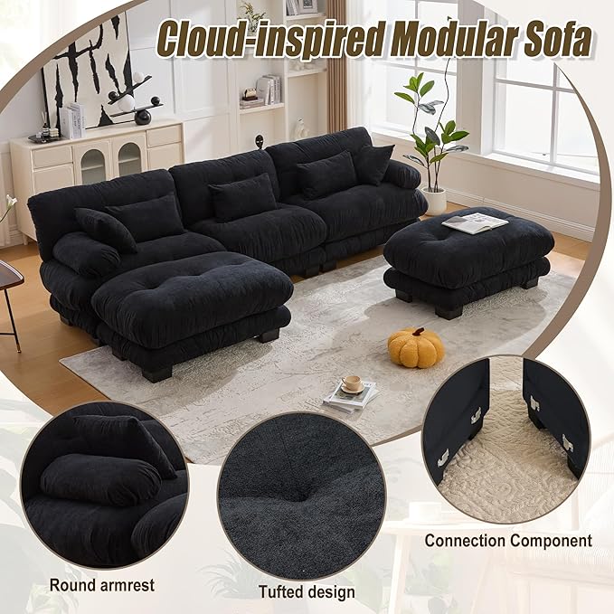KEIKI 118 U-Shaped Oversized Pelletized Velvet Sectional Sofa with 2 Ottomans Free Combined 3-Seater Cloud Modular Couch with Bolster Armrest Pillow Easy Assembly for Apartment Living Room Black