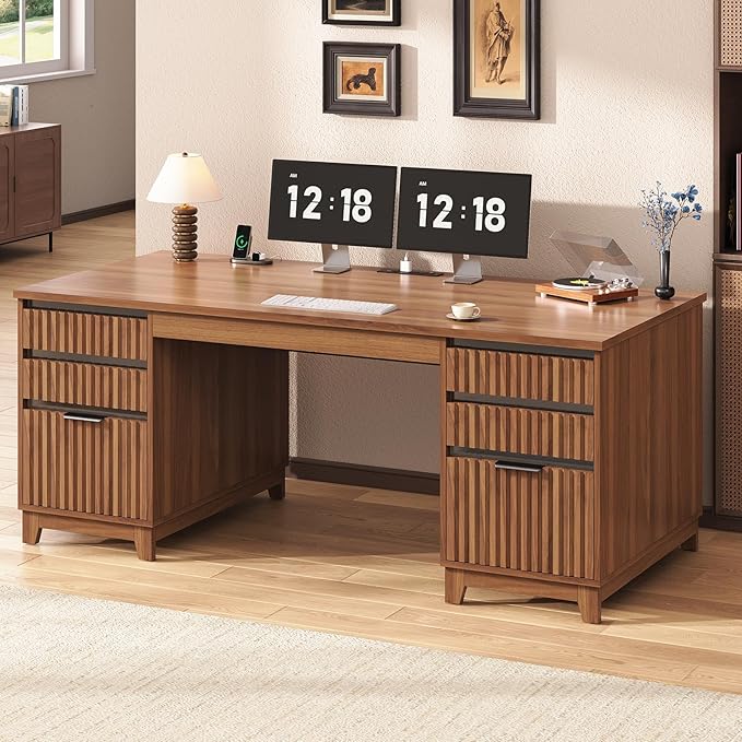 SEDETA 55.1 Fluted Office Desk with 6 Drawers Modern Computer Desk with Acrylic File Drawers Executive Desk with Power outlets for Home Office and Study (Brown)