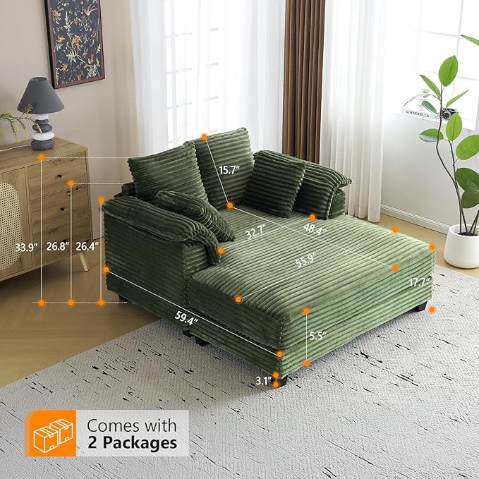 VINGLI Chaise Lounge Chair Indoor 56 Oversized Reading Chair Corduroy Chaise Sofa Recliner Bed Upholstered Comfy Sleeper Couch with Throw Pillows for Living Room Movie Room Bedroom