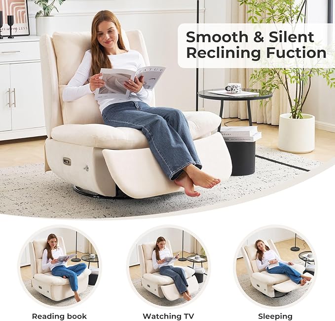 Oversized Power Recliner Chair for Adults270°Swivel Rocker Recliner with USB PortElectric Glider Recliner Chair with StorageOversized Armless Recliner with Phone HolderBeige