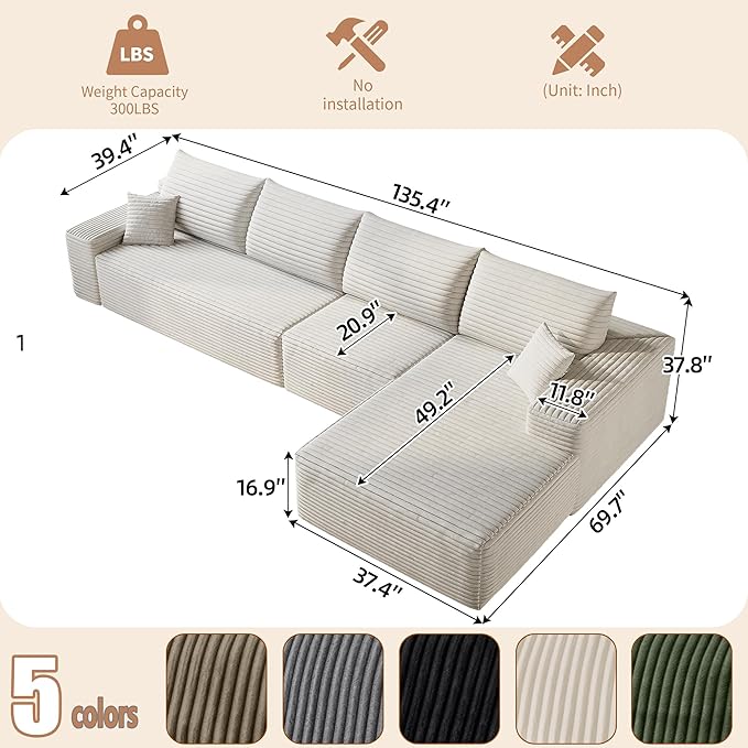 135.4 Boneless Couches for Living Room Modular Sectional Sofa with Oversized Chaise L-Shape Cloud Couch with Deep Seat High-Density Memory Foam No Assembly Required (White Right Facing Chaise)