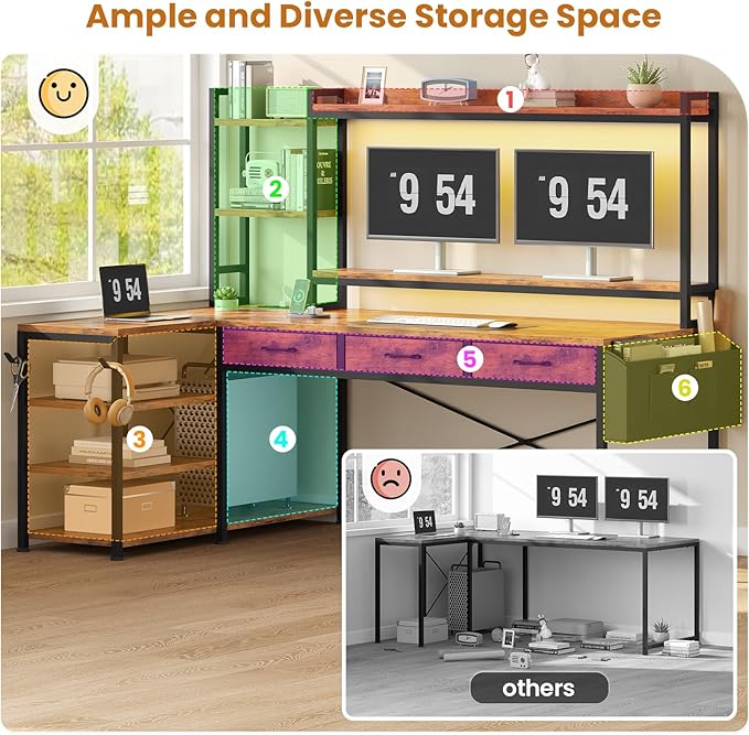 SEDETA 55 L Shaped Desk with Hutch Corner Computer Desk with Drawers &amp Shelves Reversible L Shaped Gaming Desk with Power Strip &amp LED Lights Monitor Stand Headphone Hook Rustic Brown