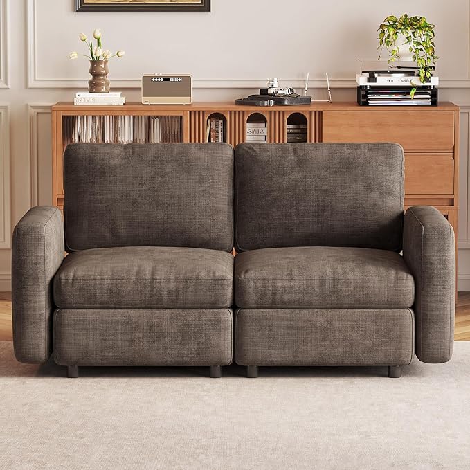 Loveseat Modular Sectional Sofa 2 Seat Sofa Modern Sectional Couches with Deep Seats for Living Room Upholstered Couch with Soft Backrest 63.38 L Brown (No Ottoman)