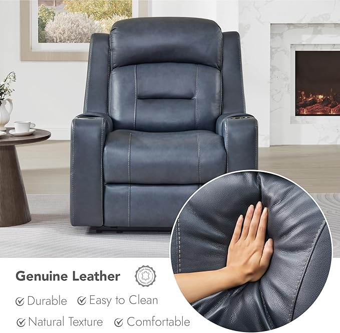 Watson &amp Whitely Genuine Leather Power Recliner Chairs for Adults Lay Flat Recliner with Power Headrest USB Ports and Cup Holders Electric Reclining Sofa for Living Room Bedroom Navy