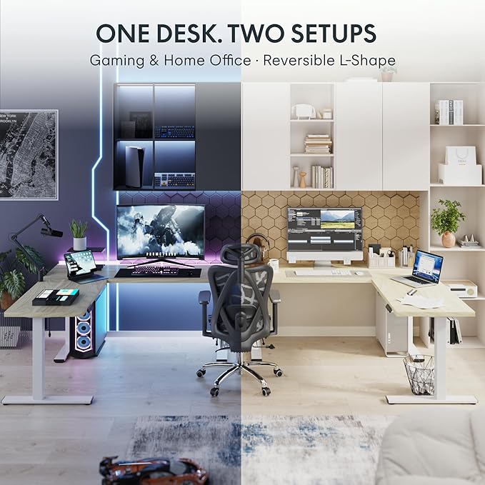 FLEXISPOT L Shaped Standing Desk 71 x 63 Inch Electric Height Adjustable Corner Desk Sit Stand Computer Workstation Preset Controller Home Office White Frame with Maple Top