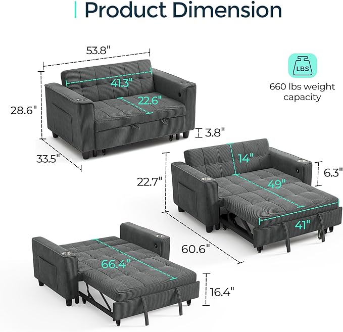 LINSY Sleeper Sofa Bed 54 Pull Out Couch with Charging Station &amp Cup Holder Small 3 in 1 Convertible Loveseat Sleeper Couch for Apartment Dorm Room Bedroom and Small Space Corduroy Gray