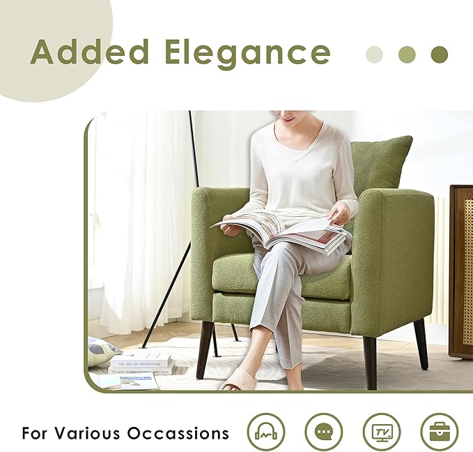 Modern Upholstered Accent Chair Mid-Century Lounge Armchair with Pillow Comfy Reading Side Accent Chairs Single Sofa Chair with Wood Legs for Living Room Bedroom (Olive Green+Fleece)