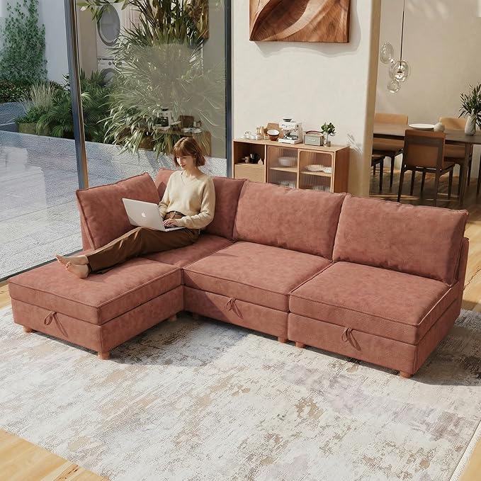 94 4 Seat Modular Sectional Sofa Removable Washable Couch Modular Sectional Sofa with Storage Solid Wood Frame L Shaped with Ottoman Couches for Living Room Office Apartment Brick Red