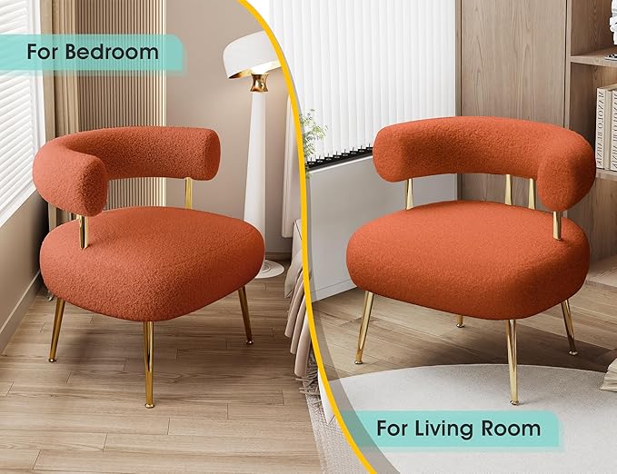 Mid Century Sherpa Boucle Accent Chair Round Upholstered Barrel Arm Chair for Small Spaces Fluffy Side Corner Sofa Chair for Living Room Bedroom Vanity Office Reading Nook(Orange)