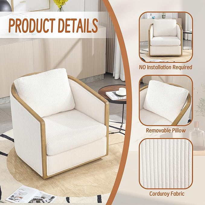 360 Degree Swivel Barrel Club Chair Comfortable Accent Sofa Chair for Living Room Leisure Armchair with Sturdy Hardwood Frame and Metal Base for Nursery Hotel Bedroom Office Lounge (Beige)