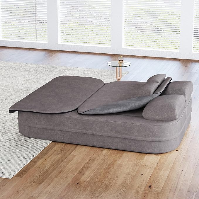 Antetek Convertible Sleeper Sofa Modern Folding Futon Chenille Floor Foam Compression Loveseat Sofa Bed Couch Foldable Full Size Guest Bed with 4 Pillows for Living Room Bedroom Apartment Grey