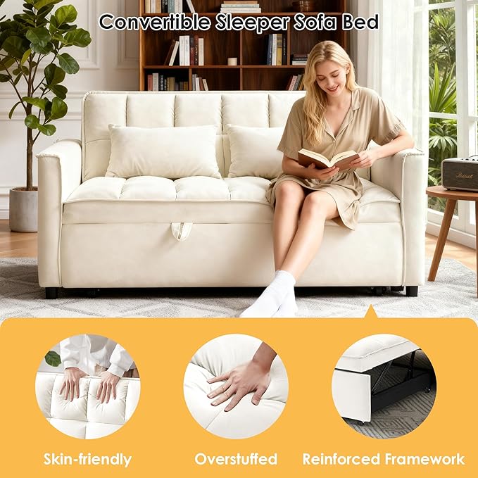 Dreamzie 3 in 1 Convertible Sleeper Sofa Bed Pull Out Couch with Side Pocket Loveseat Sleeper for Living Room with Adjustable Backrest (Beige)
