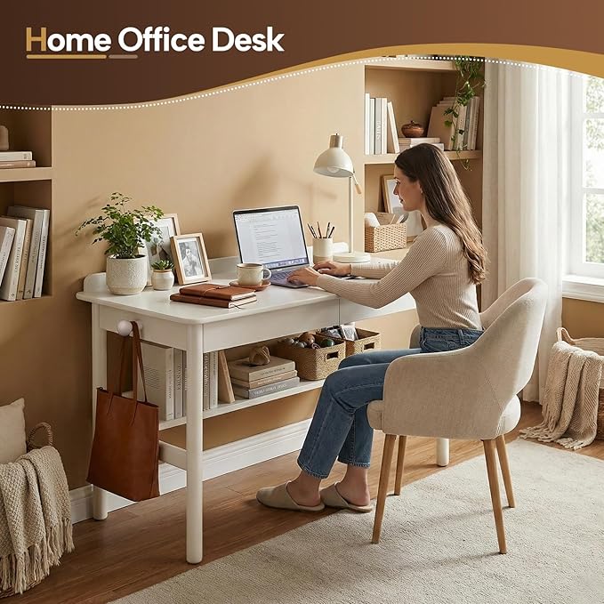 Solid Wood Study Desk &amp Home Office Writing Table with Drawers 40 Vintage Mid Century Modern Computer Desk Home Office Workstation for Bedroom Small Spaces Apartment(White39.4 Inch Wide)