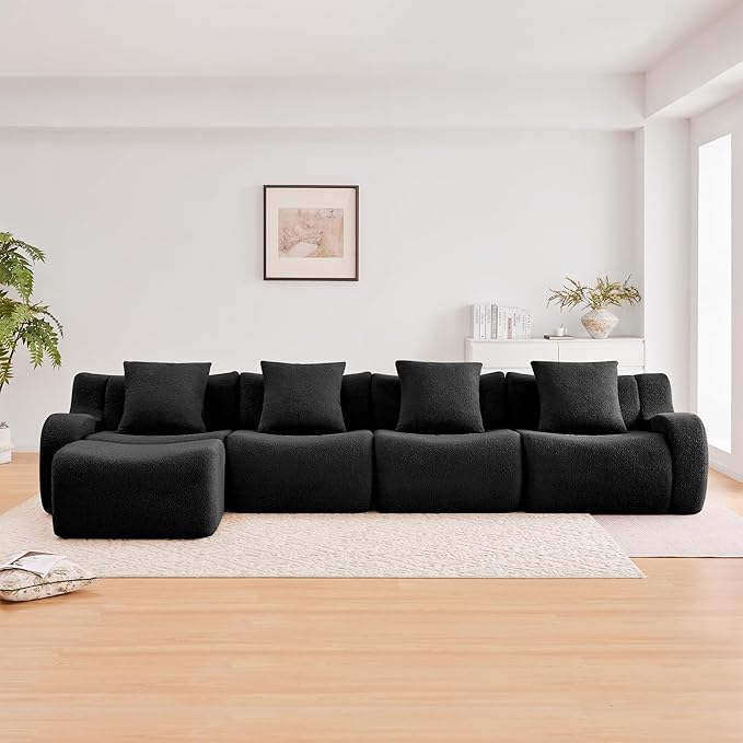 KEIKI 148 L-Shaped Oversized Teddy Modular Sectional Sofa with 1 Ottoman &amp High-Density Foam Cushions &amp Curved Armrest &amp 4 Pillows Streamlined Design Boneless 4-Seater Couch for Living