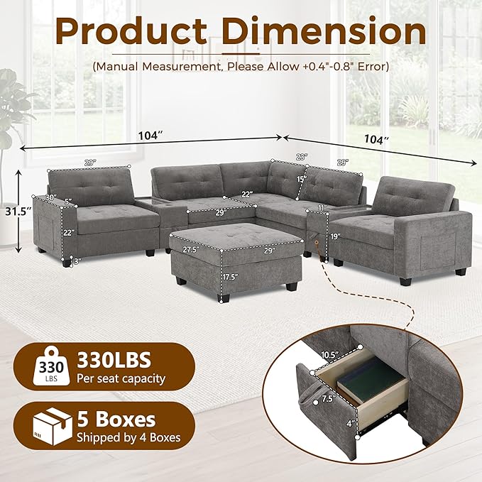 104'' Modular Sectional Sofa with 2 Tech Consoles Oversized U Shaped Couch Set with USB Charger Storage Movable Ottoman Chenille Large Sectional Couches for Living Room (Grey)