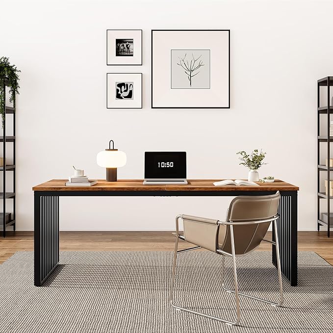 LITTLE TREE Two Person Desk 78.74 Extra Long Computer Desk for 2 People Rustic Brown Wooden Double Study Desk with Black Heavy Duty Metal Legs Large Business Workstation for Home Office