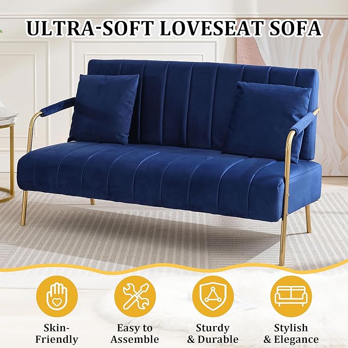 Dolonm 60 Velvet Loveseat Sofa 2 Seater Upholstered Sofa Couch with 2 Pillows Mid Centry Pleated Velvet Sofa with Gold Metal Legs Sofa for Small Space Apartment Office Bedroom