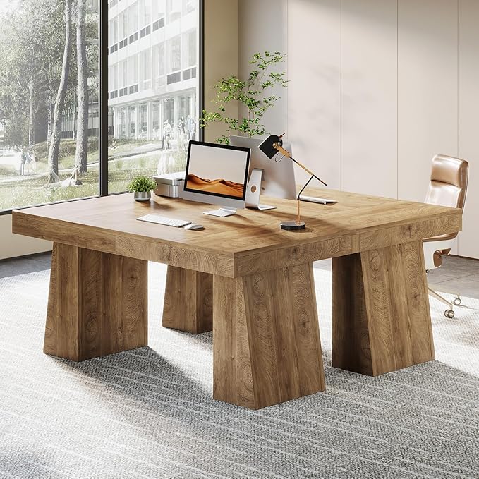Tribesigns 55-Inch Executive Desk Thick Wood Office Computer Desk with Double Pedestal Modern Minimalist Workstations Writing Table Conference Table Furniture for Home Office Light Brown